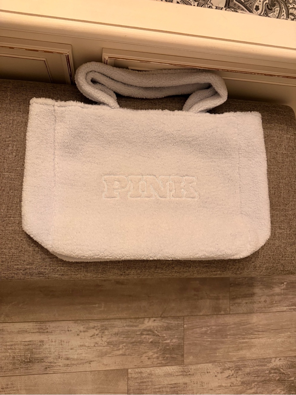 PINK Victoria's Secret Plush Sherpa Tote in baby blue